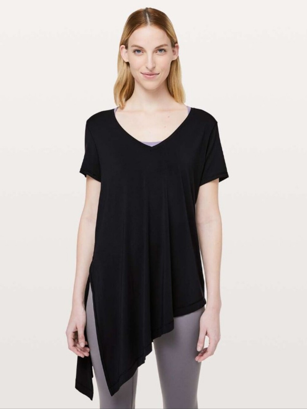 Lulu To The Point Asymmetrical Short Sleeve Black Tee Approx Medium